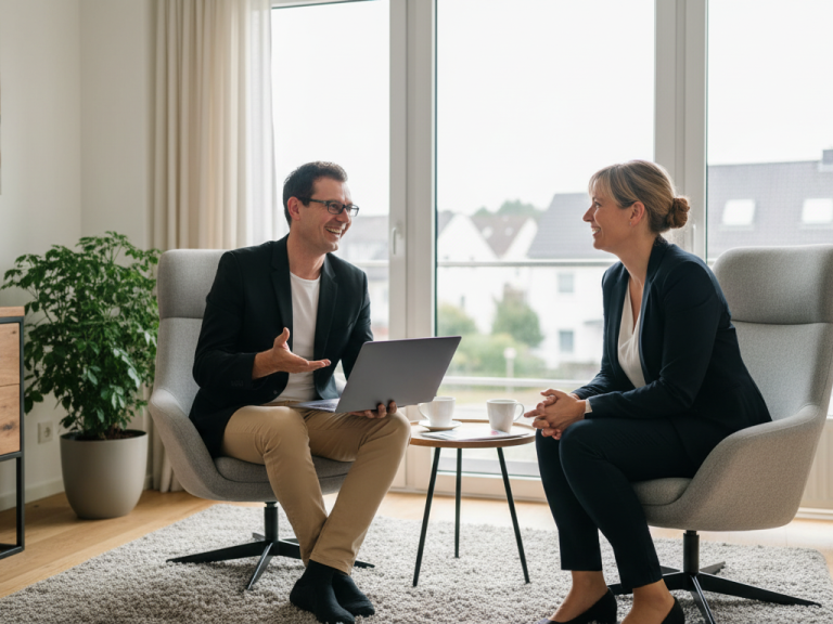 So einfach kann deine Beratung sein René Wenzel in einer Beratung mit einer Kundin. Gemütlich und auf Augenhöhe.